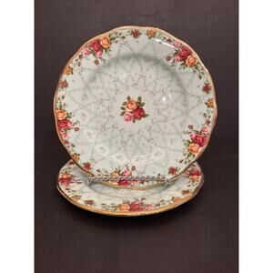 (2) Rare Royal Albert Old Country Roses Peppermint Damask 8 1/8” Salad Plates